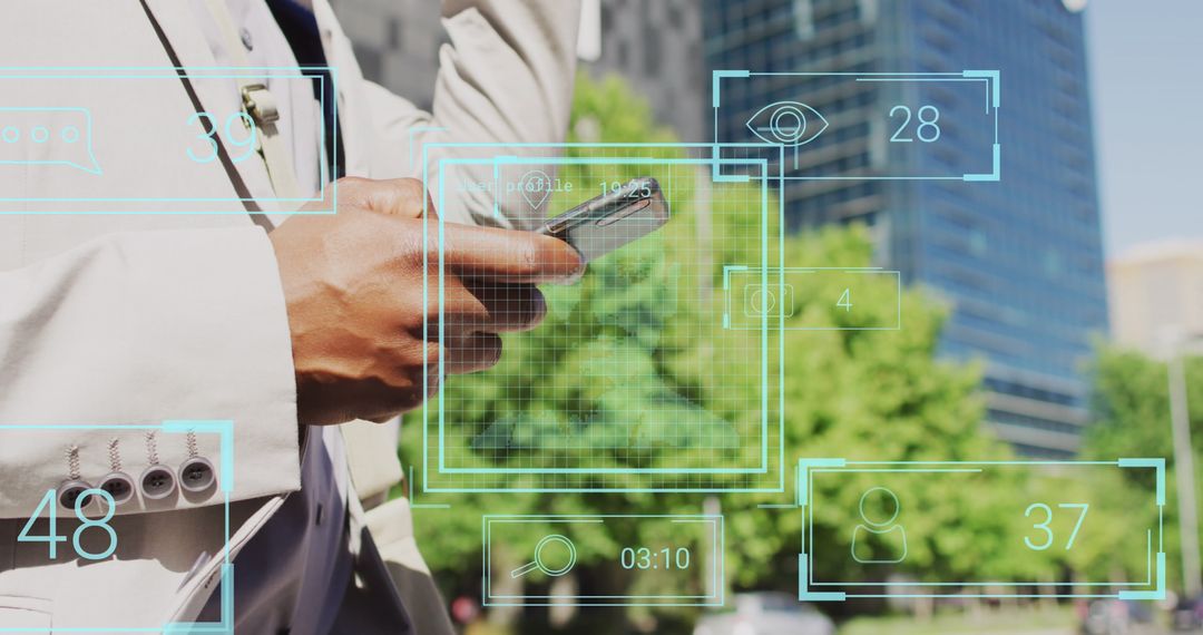 Hand Holding Smartphone with Digital Interface Overlay