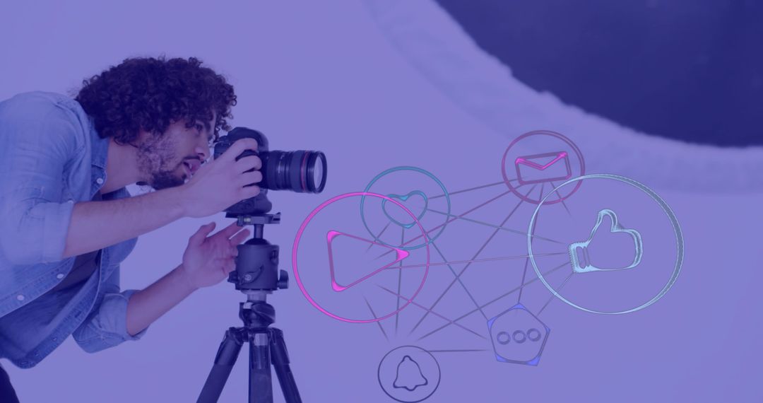 Photographer in Studio Adjusting DSLR Camera, Digital Icons Overlay