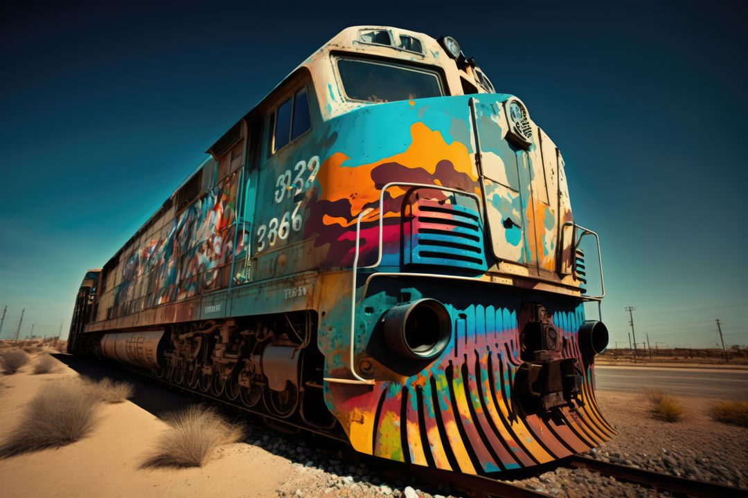 Graffiti-covered train in scorching desert landscape - Free Images, Stock Photos and Pictures on Pikwizard.com