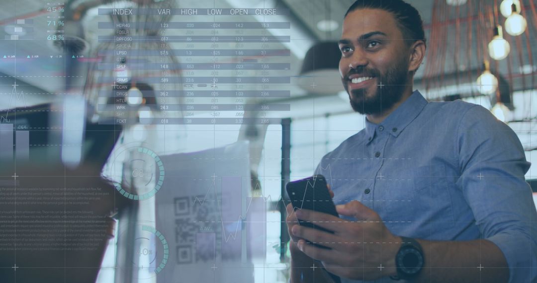 Biracial Businessman Analyzing Financial Data on Smartphone