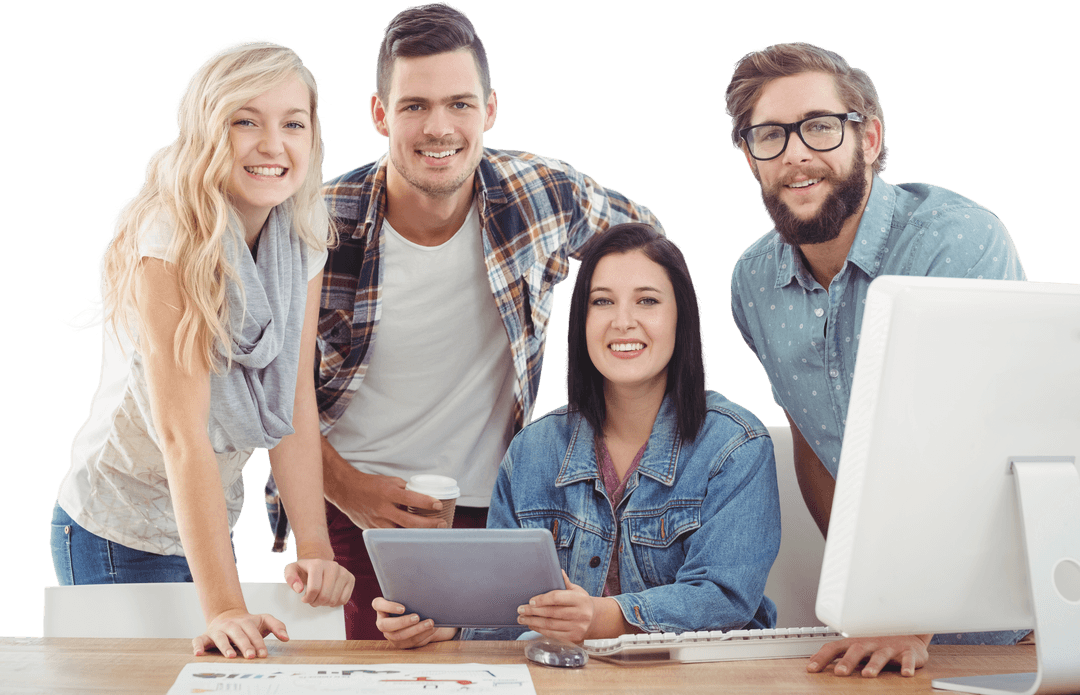 Transparent Business Team Collaborating with Digital Tablet