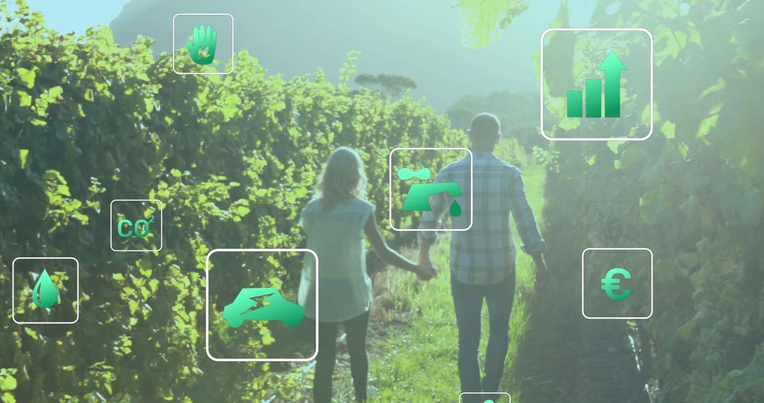 Image of digital eco and green energy icons over people holding hands on field - Free Images, Stock Photos and Pictures on Pikwizard.com