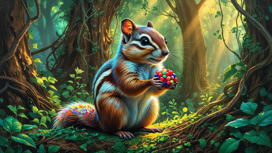 Chipmunk With Colorful Berries in Enchanting Forest Scene