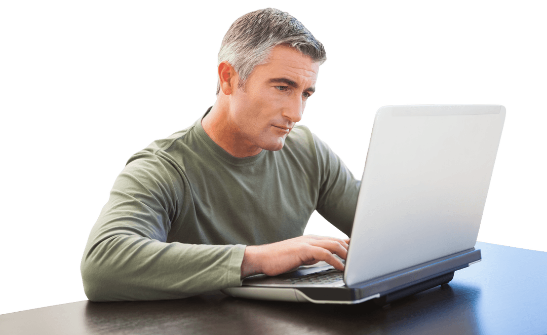 Mature Man Typing on Laptop with Transparent Background