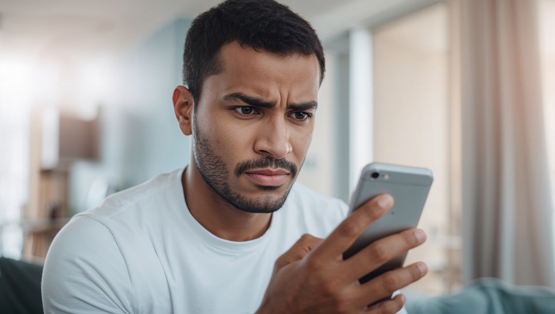 Young man furrowing brow while checking smartphone, holding silver phone at home