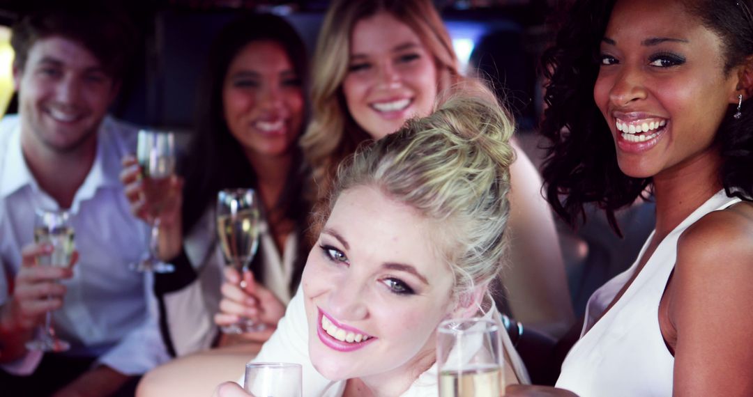 Joyful Celebration in Limousine with Champagne Toast