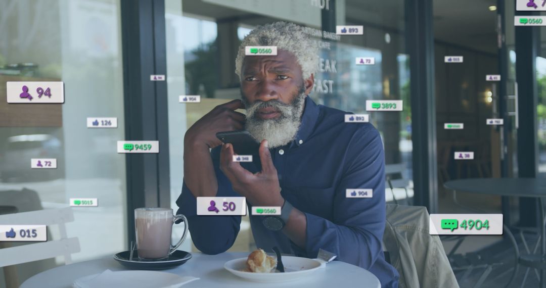 Man Engaged with Social Media Icons Exploring Trends