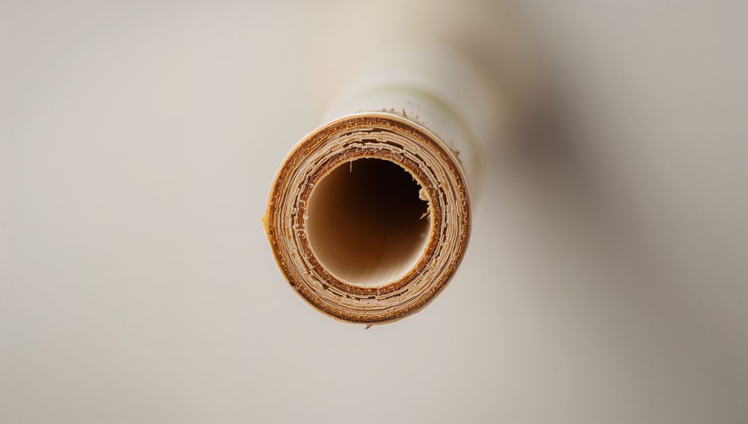 Macro roll of kraft paper revealing frayed cardboard core, concentric layers and texture