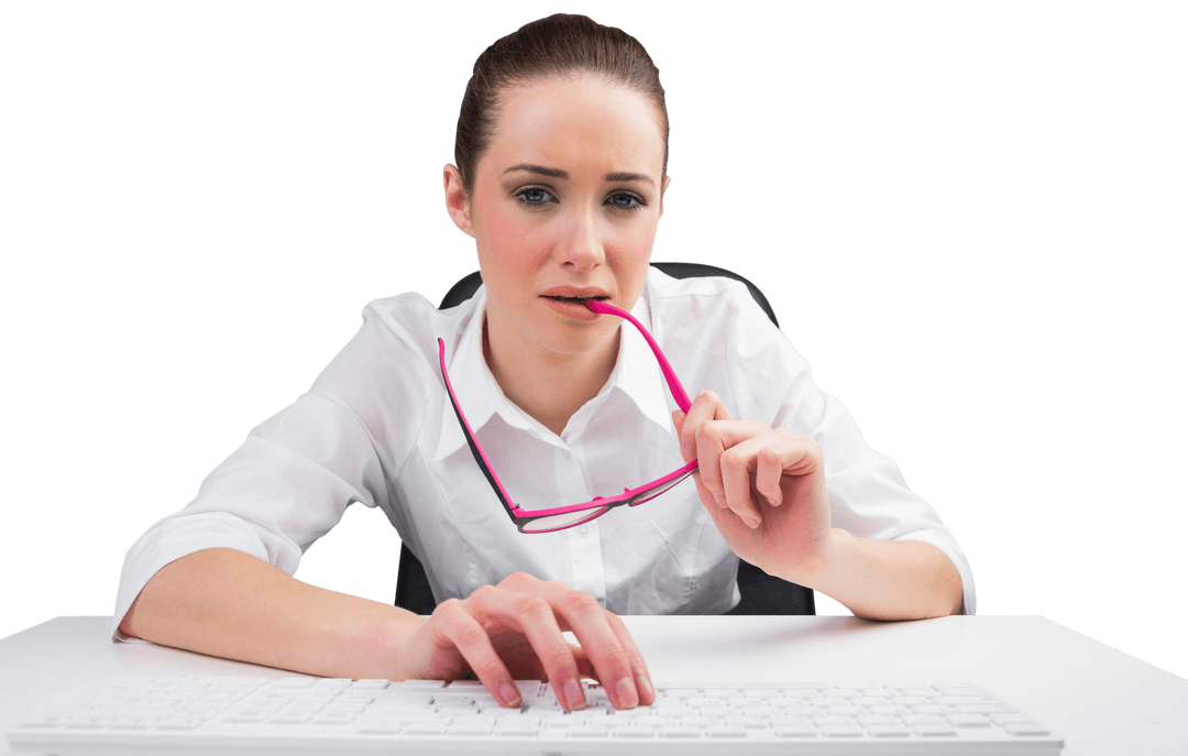 Focused Businesswoman Typing on Transparent Background