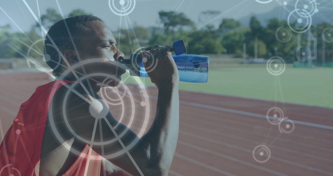 Athlete Hydrating on Track with Digital Network Overlay