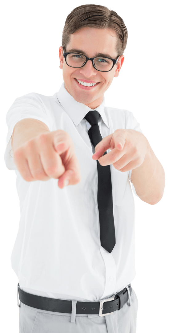Cheerful Businessman in Glasses Pointing with Confidence on White