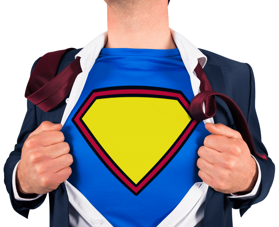 Businessman opening shirt reveals transparent superhero logo