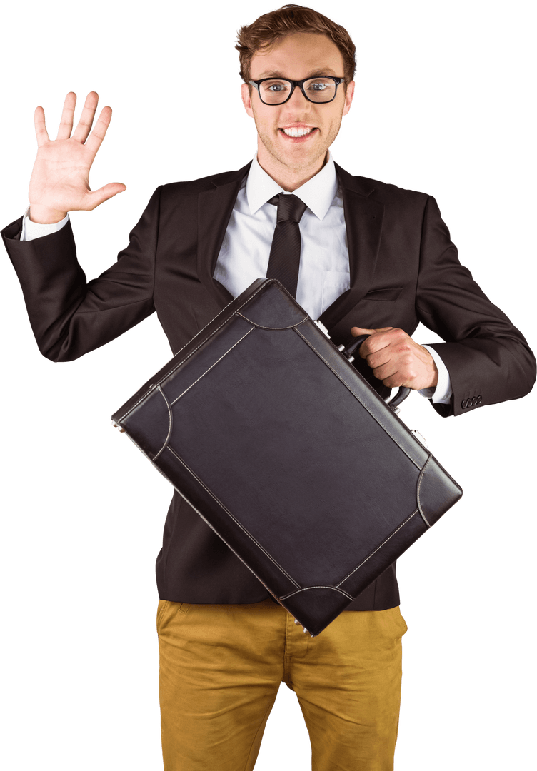 Transparent Geeky Businessman Waving Holding Briefcase