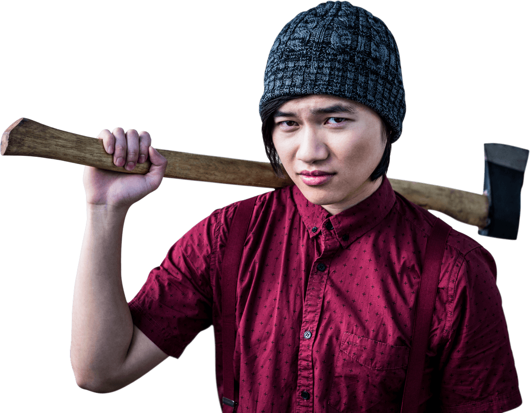 Asian Man Holding Axe On Transparent Background