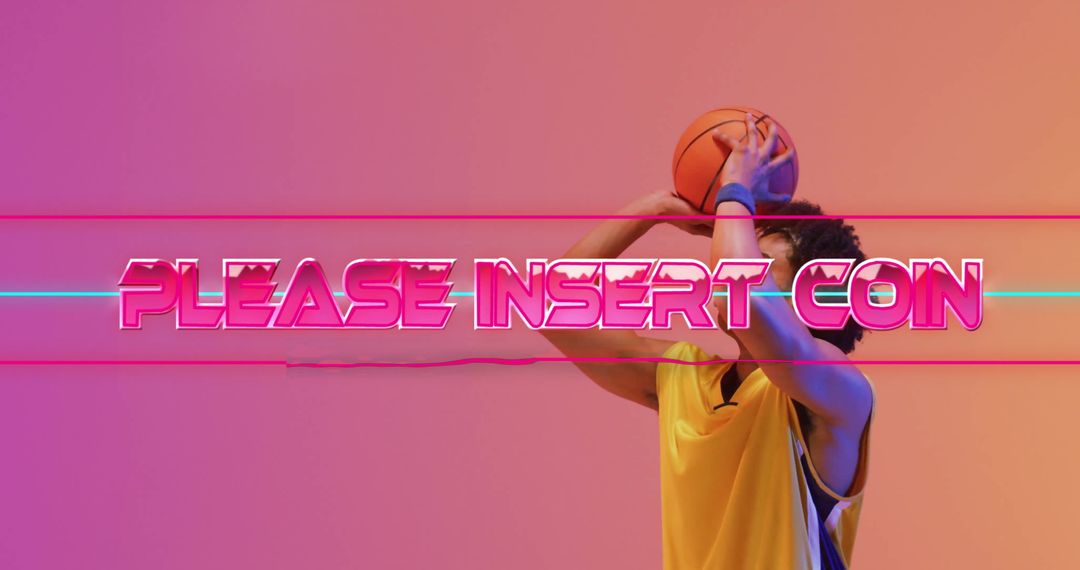 Retro Gaming Silhouette with Basketball and Insert Coin Text
