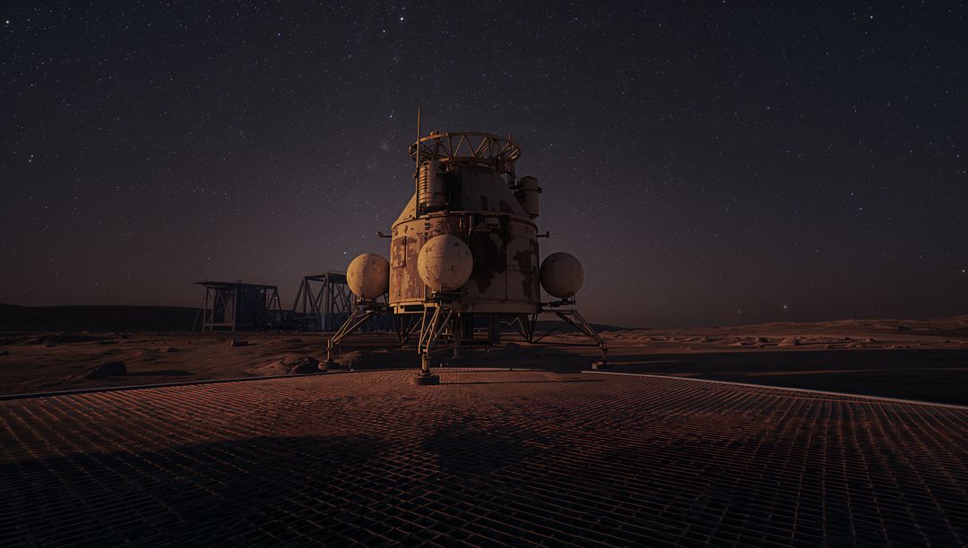 Rusted Landing Module Resting on Grated Pad under Starry Desert Night for Outpost Concept