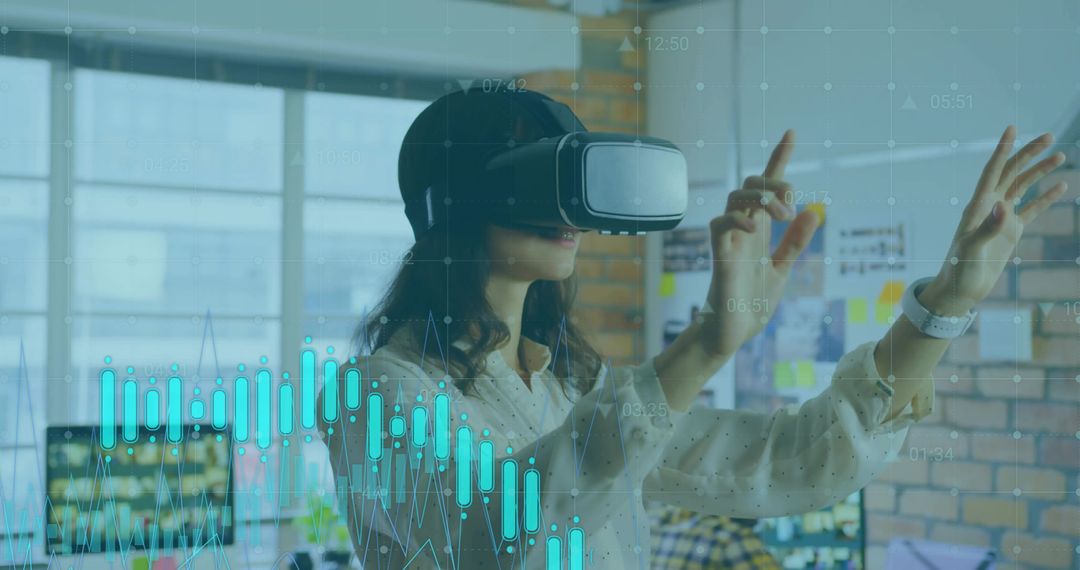 Futuristic Businesswoman Using VR Headset in tech Office Environment