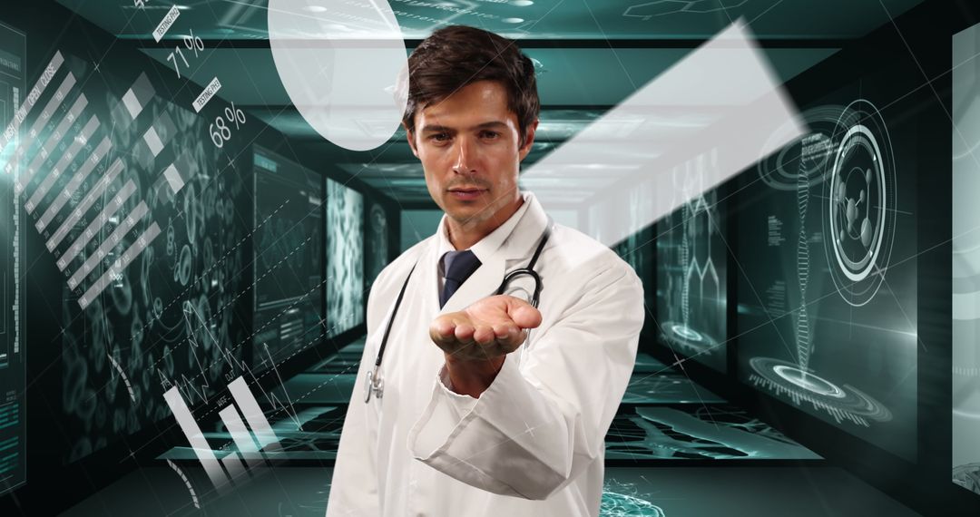 Tech-Savvy Doctor in Futuristic Digital Corridor Analyzing Data