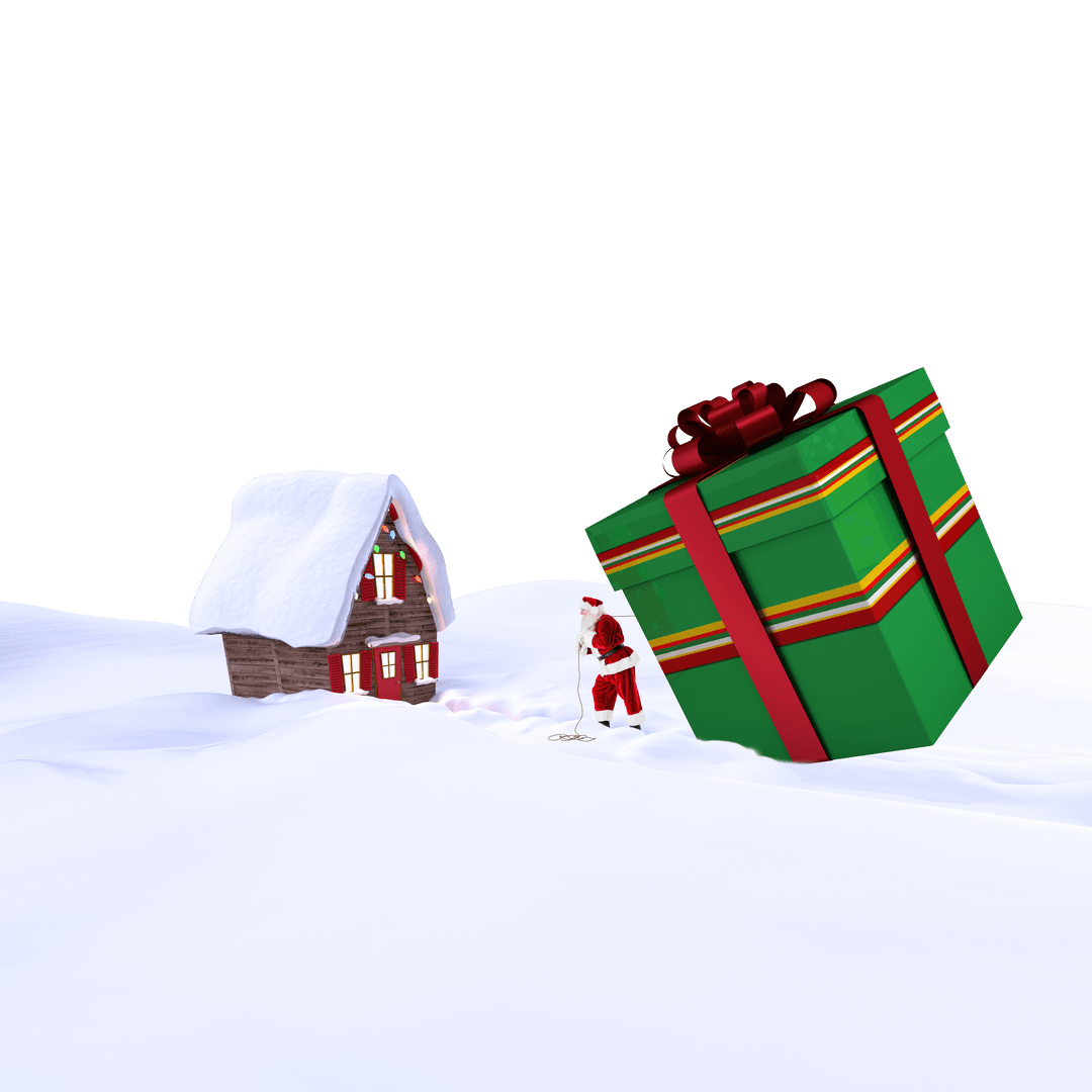 Santa with Oversized Present Near Cozy Cottage in Snowy Scene