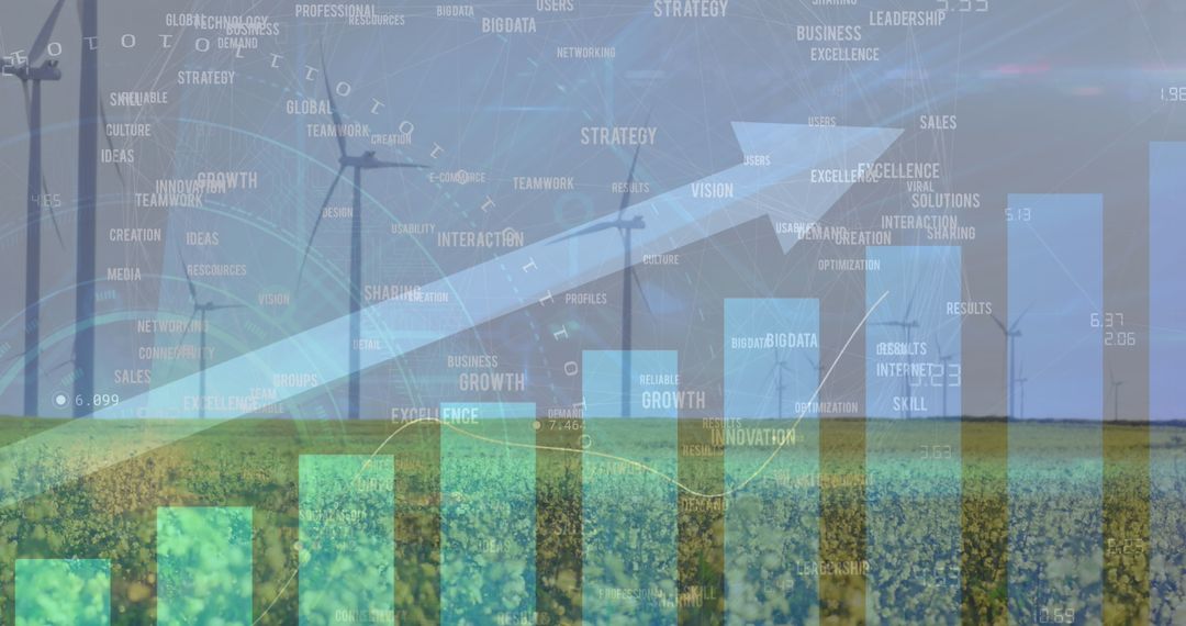 Digital Data Graphics Over Wind Turbines in Agricultural Field