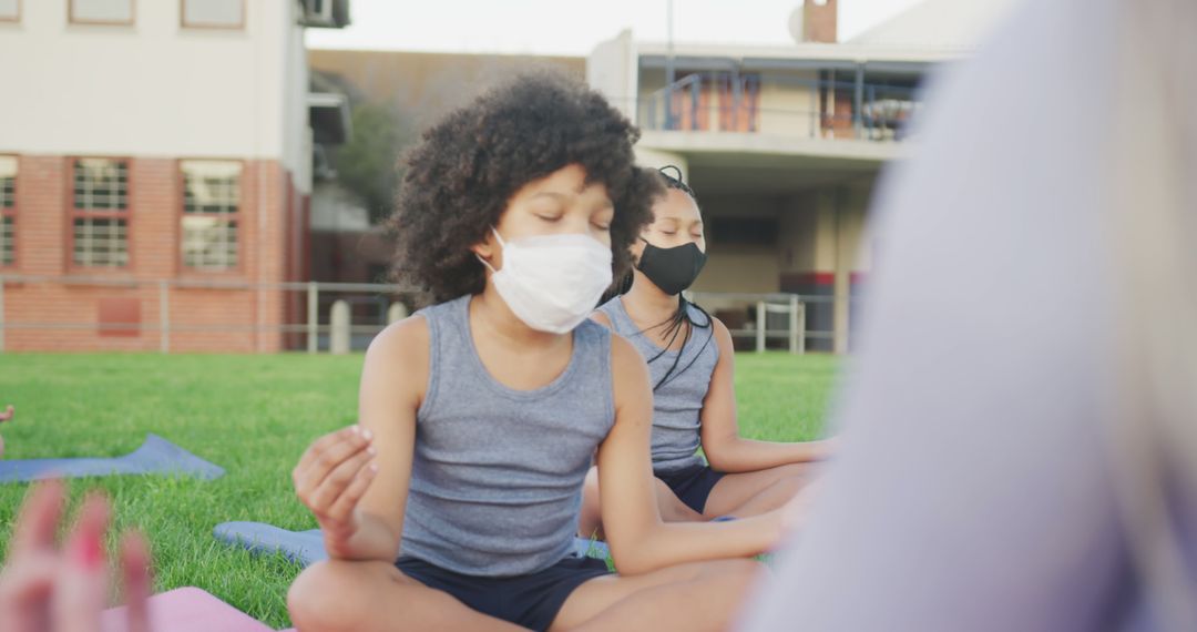 Children Practicing Outdoor Yoga with Face Masks - Free Images, Stock Photos and Pictures on Pikwizard.com