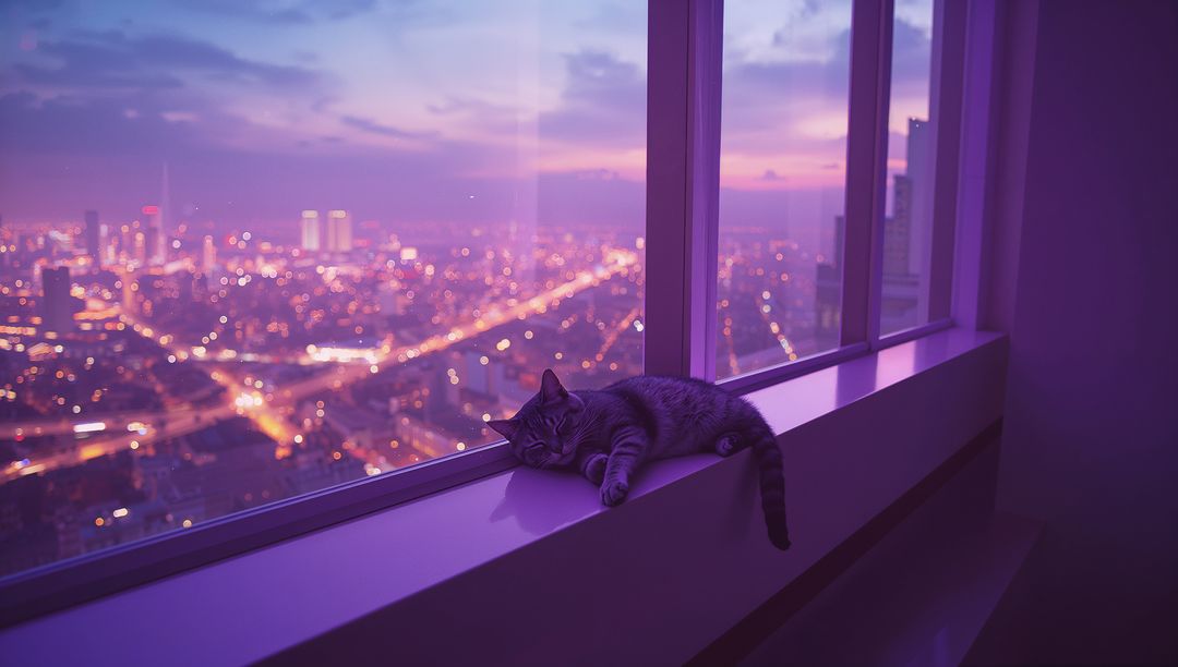 Serene Tabby Relaxing in Skyscraper Window Neo-Noir Cityscape