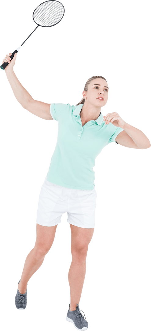 Transparent Active Woman Playing Badminton in Mid-Action
