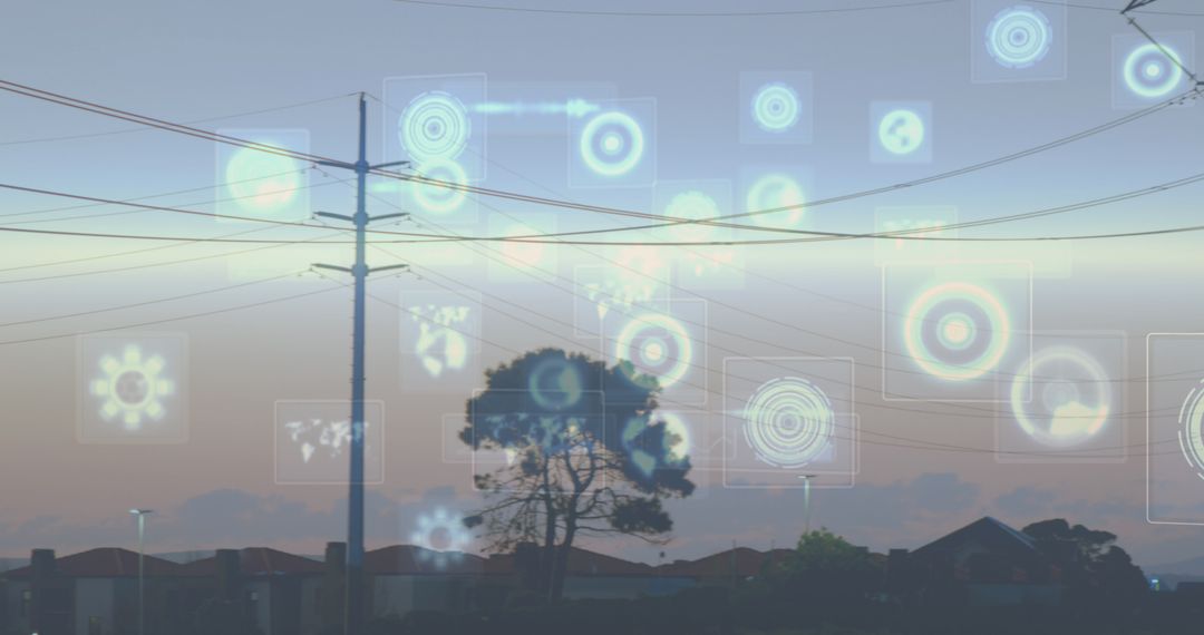Digital Infographic Overlay on Power Pylons at Sunset