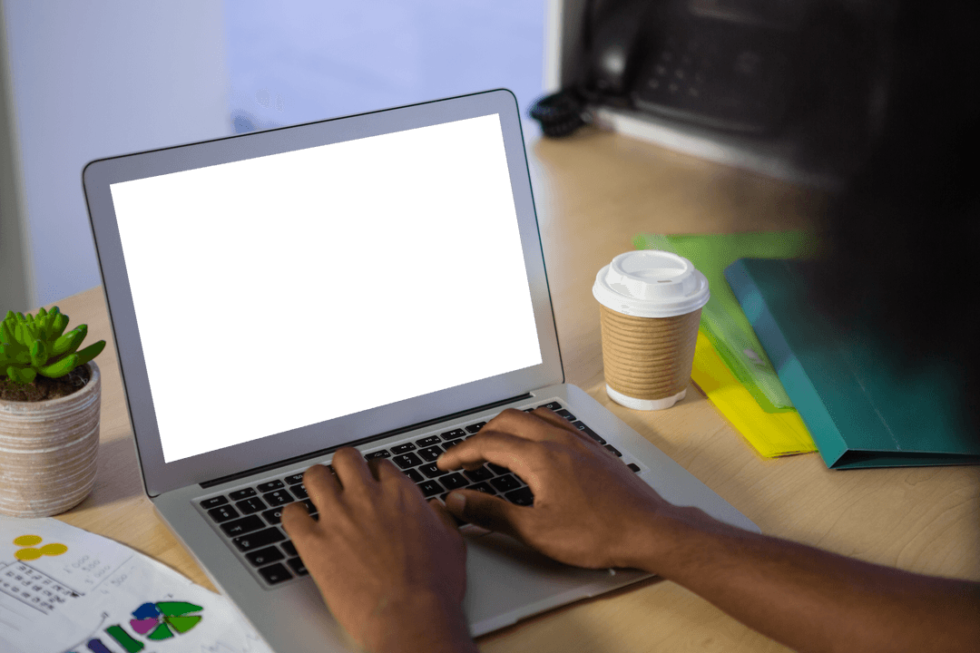 Transparent Laptop Screen on Office Desk, Hands Near Keyboard