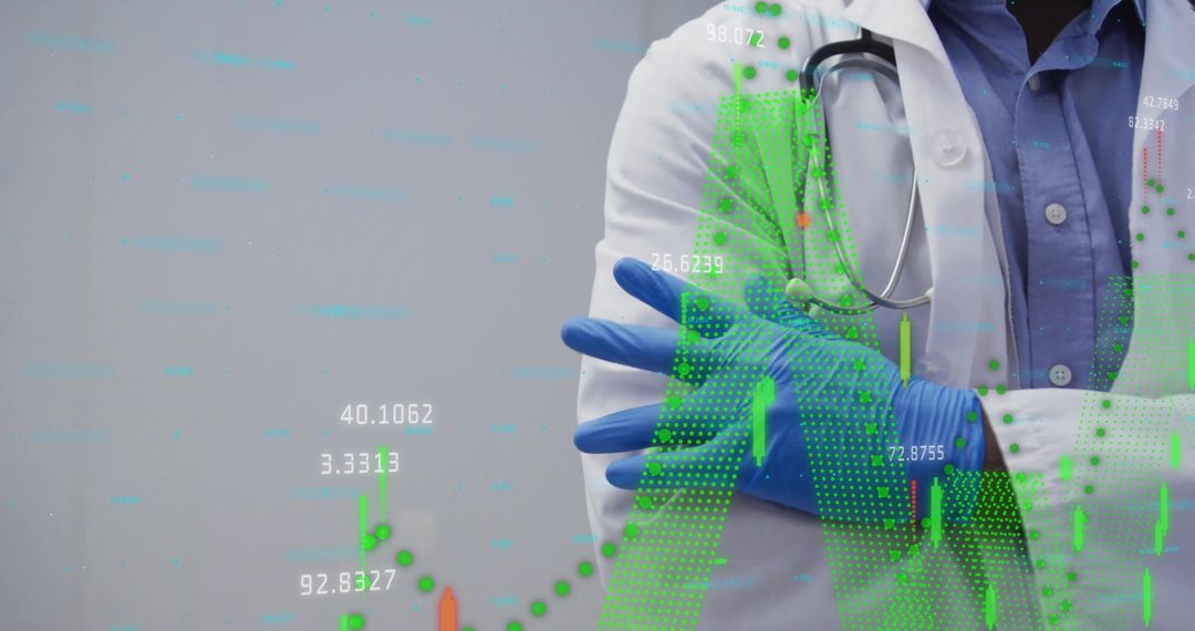 Doctor with Stethoscope and Data Overlay in Modern Clinic