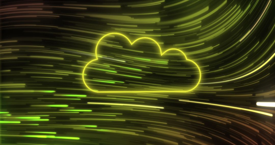 Neon Cloud Icon with Yellow Motion Trails Background