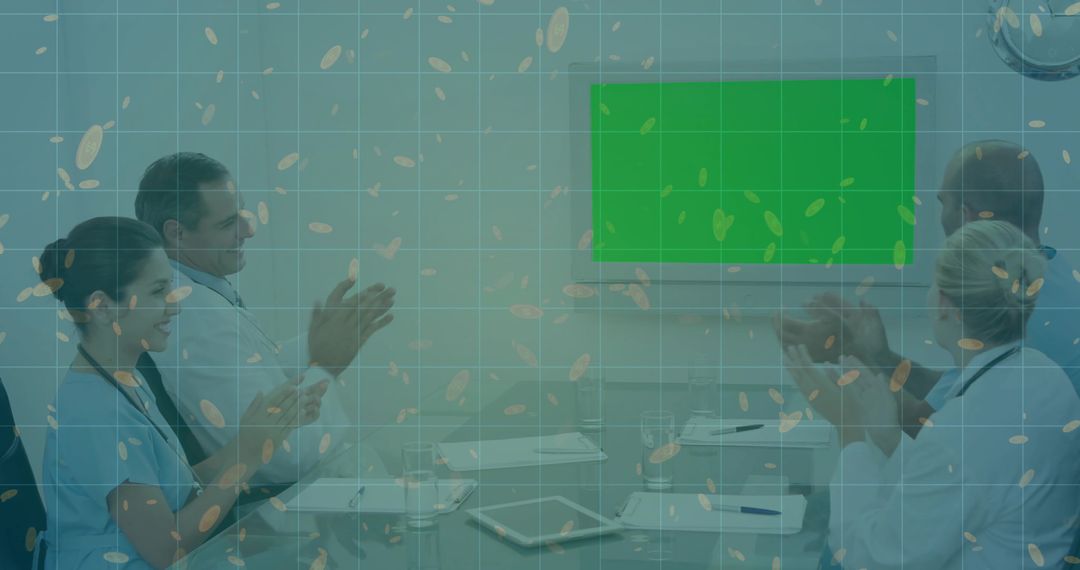 Medical Team Applauding in Conference Room with Green Screen Display and Digital Overlay