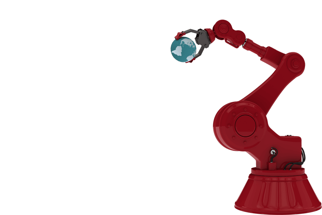 Transparent Red Robotic Arm Grasping Planet Earth