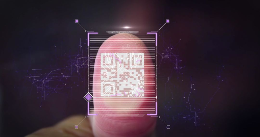 Biometric Fingerprint with QR Code Overlays on Black Background