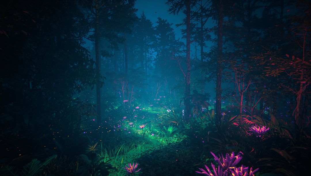 Misty Forest with Glowing Flora and Fireflies - Enchanting Atmosphere