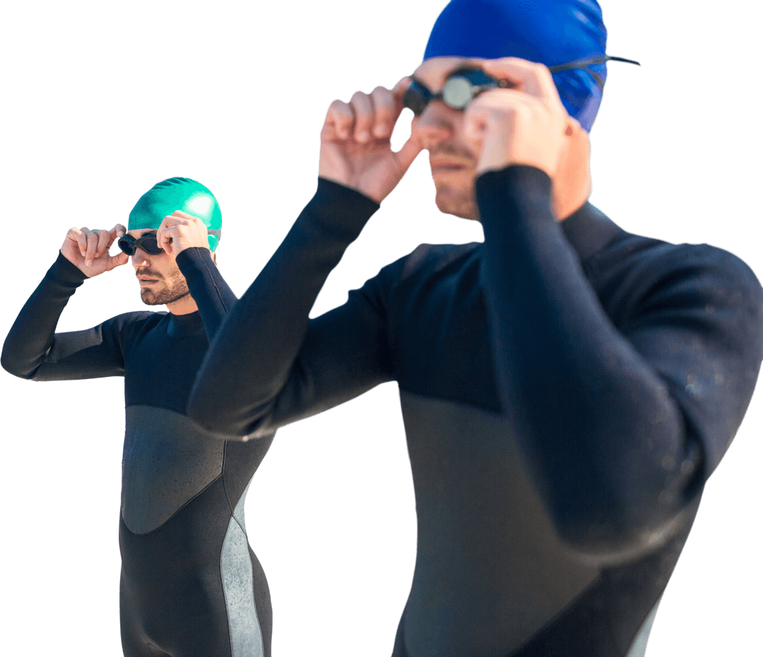 Professional Swimmers Adjusting Goggles on Transparent Background