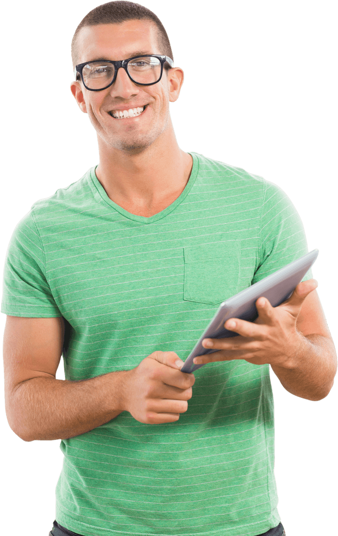 Smiling man with glasses using digital tablet on transparent background