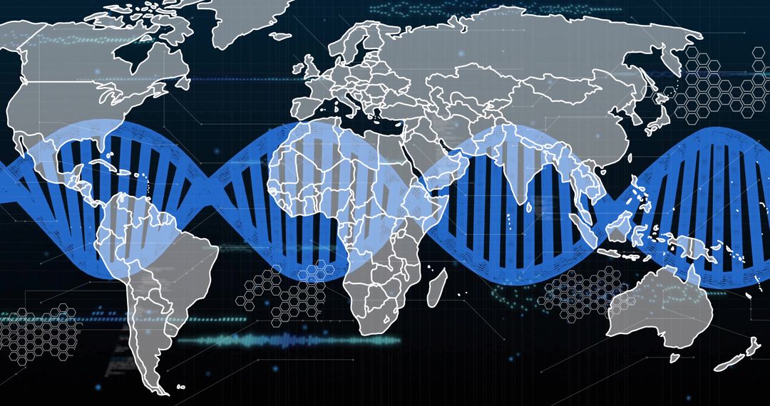 DNA Strand Overlaying World Map in Digital Data Interface