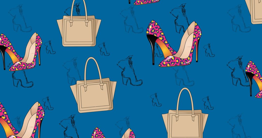 Seamless Pattern with High Heels and Handbags on Blue Background