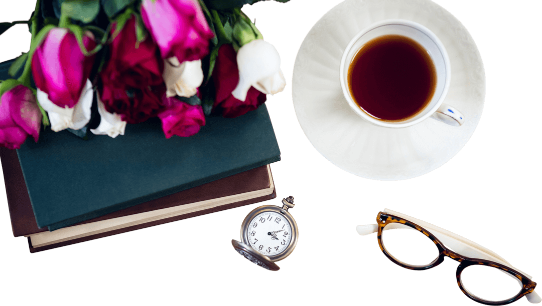 Vintage coffee moment with books, roses, and spectacles on transparent background
