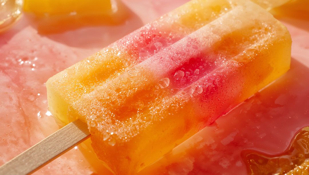 Refreshing Fruit Popsicle on Pink Surface with Melted Juice