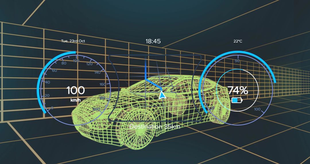 Futuristic Wireframe Car Dashboard Interface with Digital Features