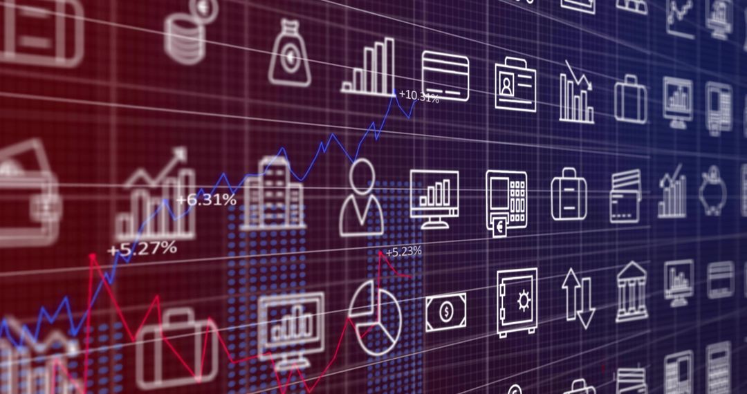 Visualizing financial analytics dashboard with rising line graphs and fintech icons grid