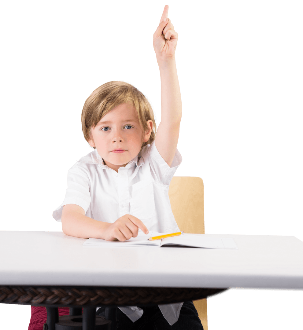 Young Schoolboy Raising Hand with Book on Transparent Background