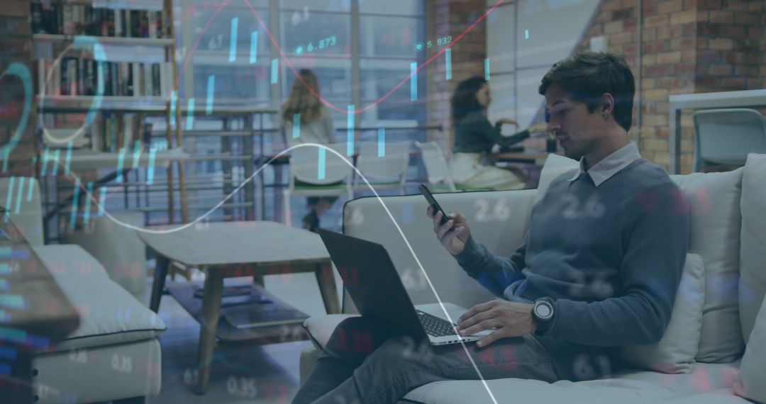 Digital Stock Market Overlay with Businessman on Smartphone