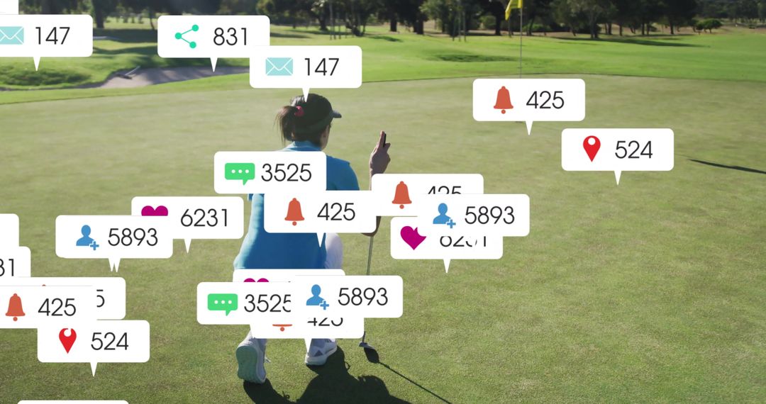 Golfer Aligning Putt with Social Media Notifications Overhead