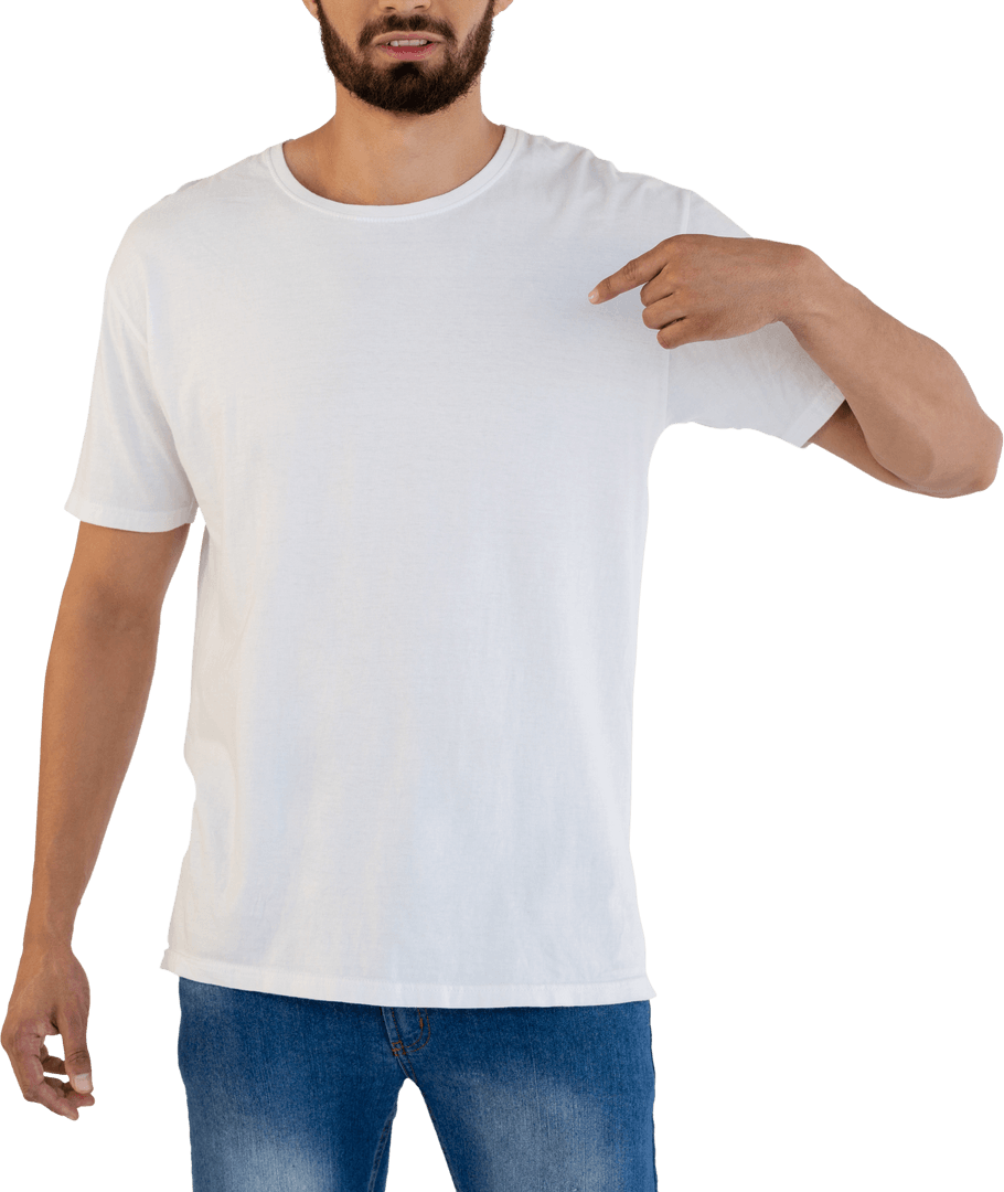 Man Pointing at Blank White T-shirt on Transparent Background