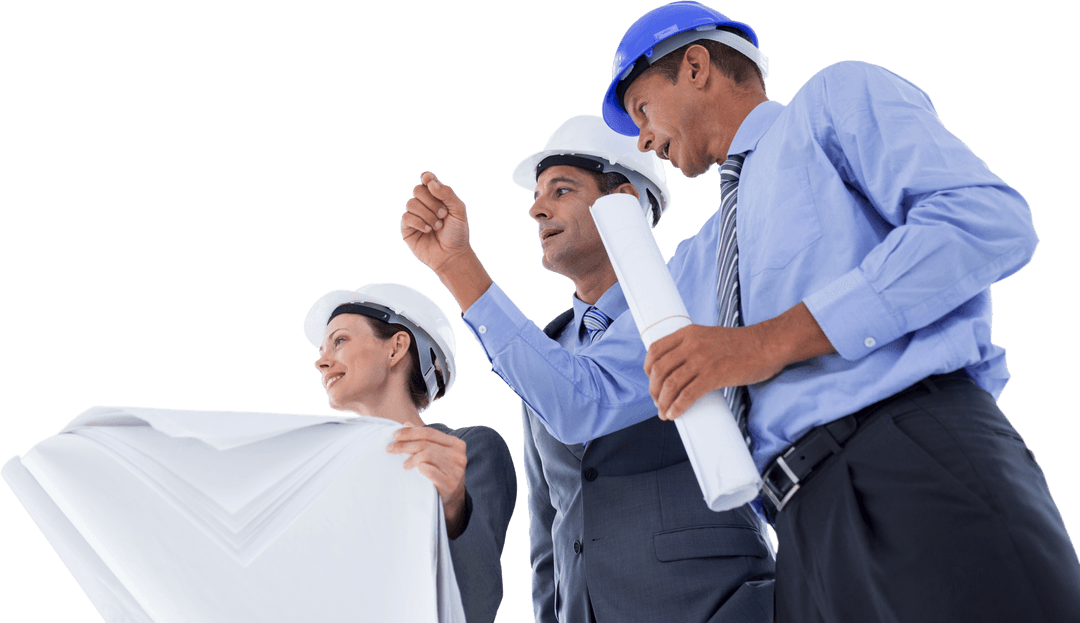 Transparent Team of Architects Discussing Blueprint Plans