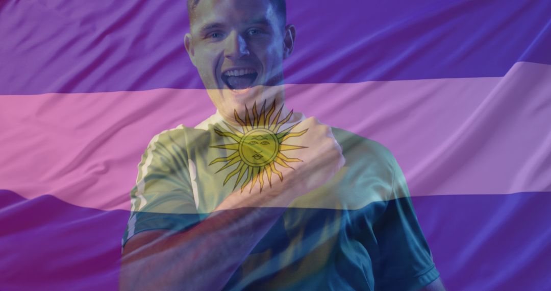 Joyful Soccer Player Celebrating in Front of Argentina Flag