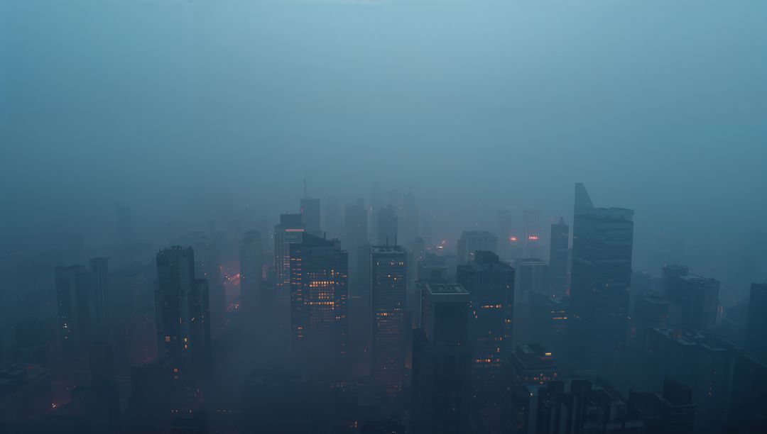 Moody Skyscrapers in Dense Urban Fog at Dawn